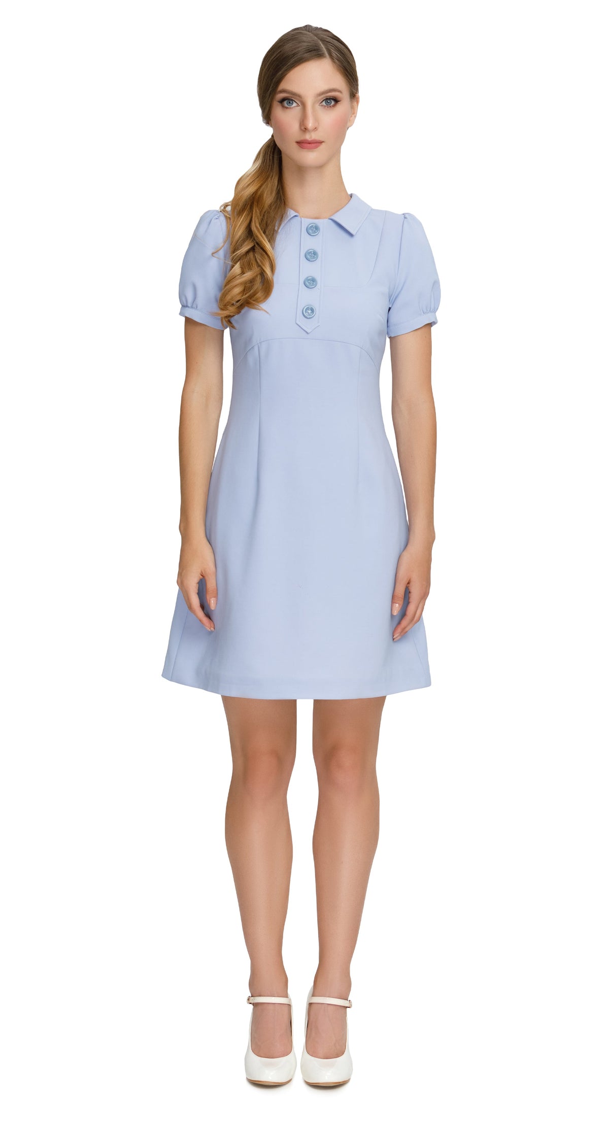 Update your spring wardrobe with our Retro Style Light Blue dress with Faux Button Down Placket. Made from quality heritage mill Spanish fabric, this dress offers comfort and style. Available in various sleeve lengths; it's perfect for any occasion. Shop now in other colors from this season's palette!