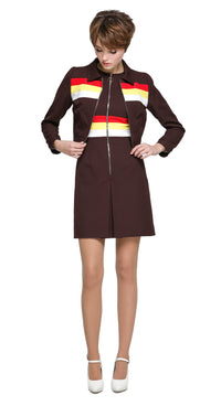 Definitely Maybe. A salute to an era of indisputable cool. A retro-inspired sporty look tweaked for today. A cropped jacket with a ring zipper pull and classic collar. Shown here in a 'Don't Look Back in Anger' brown body with red, yellow, and white stripes, it’s made to be worn on its own or paired with our 90s Britpop Inspired Brown/Red/Yellow/White Dress with Waistline Stripes from this collection to elevate casual to high fashion.