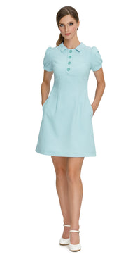 Update your spring wardrobe with our Retro Style Light Blue dress with Faux Button Down Placket. Made from quality heritage mill Spanish fabric, this dress offers comfort and style. Available in various sleeve lengths; it's perfect for any occasion. Shop now in other colors from this season's palette!