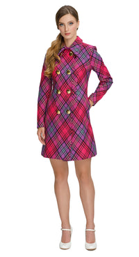 Make a statement with our Sixties Style Pink/Purple Plaid Coat with Gold Colored Buttons, crafted from Spanish heritage mill fabric. Featuring a gradient array of pink and purple tartan weave and double-breasted gold colored buttons. Pair it with our Sixties Style Pink/Purple Plaid Dress. Make a statement with our Sixties Style Pink/Purple Plaid Dress for a high-fashion look. Shop now!