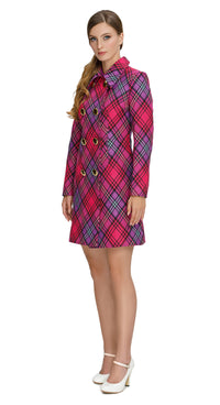 Make a statement with our Sixties Style Pink/Purple Plaid Coat with Gold Colored Buttons, crafted from Spanish heritage mill fabric. Featuring a gradient array of pink and purple tartan weave and double-breasted gold colored buttons. Pair it with our Sixties Style Pink/Purple Plaid Dress. Make a statement with our Sixties Style Pink/Purple Plaid Dress for a high-fashion look. Shop now!