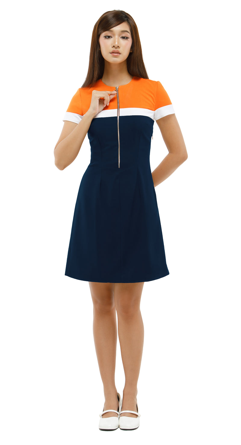MARMALADE Retro Seventies Fitted Dress with Ring-Pull Zipper: Navy Blue