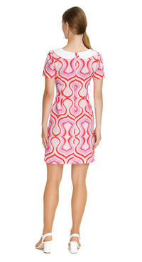 Elevate your spring wardrobe with our Sixties Style Pink/White/Purple Bold Patterned Dress with Rounded Collar dress, featuring a unique bold color pattern and rounded neckline. Made from heritage mill French cotton, this dress is perfect for any occasion.