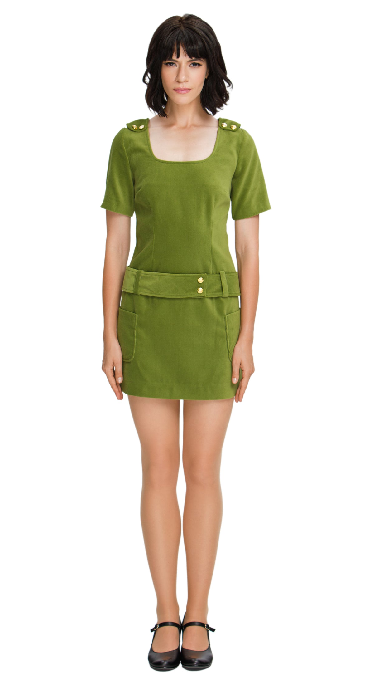 Green Velvet Dress with Gold Button Tabs: SIZES L AND XL