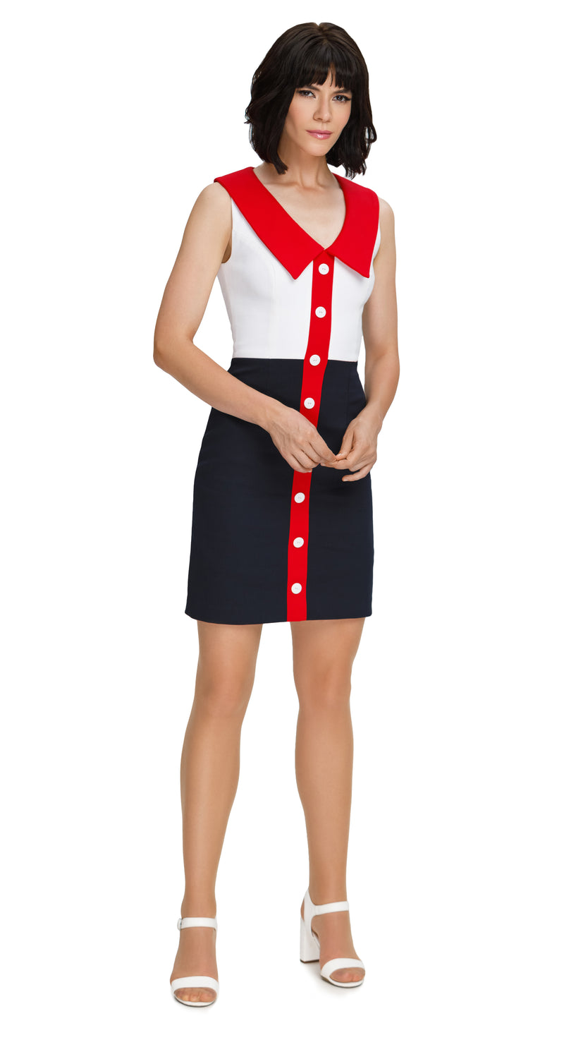 Embrace the spirit of spring with our Vintage Inspired Tri-Color Cotton Dress. Crafted from soft stretch cotton, this dress features a deep-cut neckline, classic collar, and dramatic button detailing. Perfect for any occasion, shop now for timeless elegance!