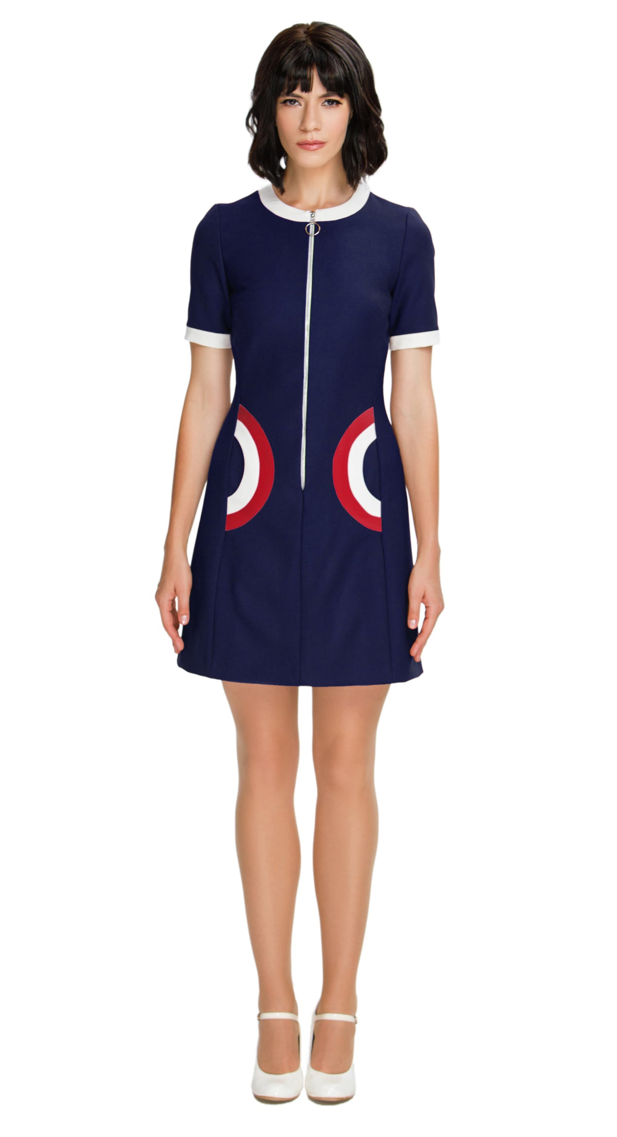 Step back in time with our sixties style, Autumn Dress with Two-Tone Half Circle Pockets; a playful nod to retro fashion that's perfect for any season. This dress captures the essence of the era through its color palette, charming detailing, and delightful playfulness. The front looped zipper closure adds a touch of authenticity, while the short sleeves and traditional rounded neck maintain the timeless appeal.
