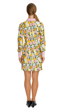 Vibrant Floral Autumn Shirt Dress with Pink Collar and Cuffs: SIZE XS