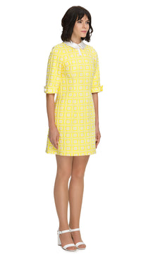 Step into radiant sophistication with our Vibrant Sunshine Yellow Pattern Shift Dress; crafted from a French heritage mill jacquard. Featuring a white embossed floral pattern, classic collar, and mini bow detailing. Shop now for timeless elegance!