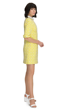 Step into radiant sophistication with our Vibrant Sunshine Yellow Pattern Shift Dress; crafted from a French heritage mill jacquard. Featuring a white embossed floral pattern, classic collar, and mini bow detailing. Shop now for timeless elegance!