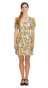 Embrace the essence of autumn with our Floral Autumn Sixties style, work or play dress; a stunning and immediately charming addition to your wardrobe. This dress features a deep square neckline, short slightly puffed sleeves, a gathered waist, and a subtle flair to the skirt, capturing the classic sixties silhouette. The vibrant floral pattern adds a touch of flair to your look.