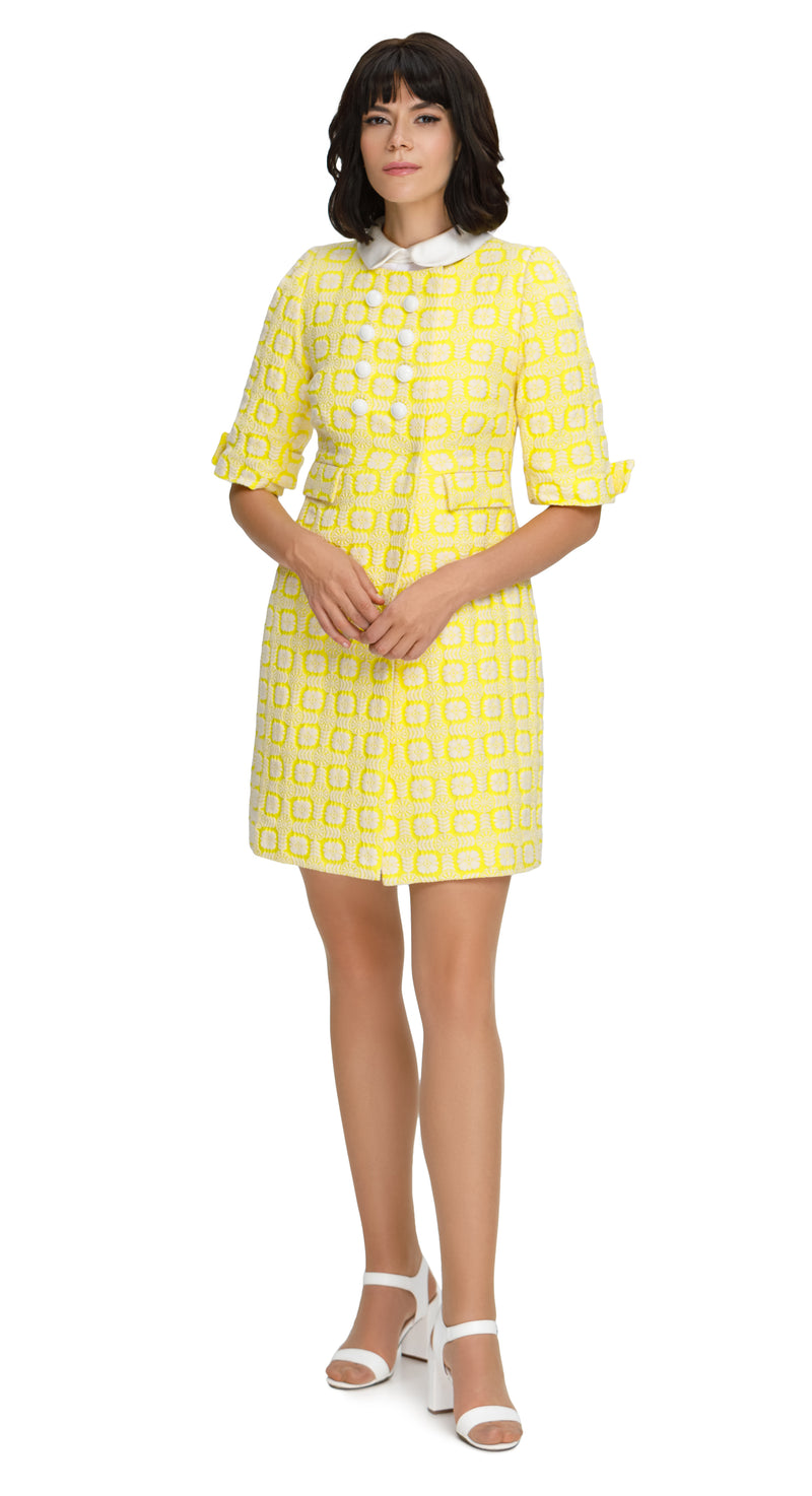 Elevate your spring style with our Vibrant Sunshine Yellow Coat, crafted from a French heritage mill jacquard. Pair it with our Vibrant Sunshine Yellow Pattern Shift Dress for a charming spring set. Shop now for instant elegance!