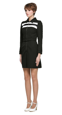 Definitely Maybe. A salute to an era of indisputable cool. A retro-inspired sporty look tweaked for today. A cropped jacket with a ring zipper pull and classic collar. Shown here in black/white; it’s made to be worn on its own or paired our 90s Britpop Inspired Black/White Dress with Waistline Stripes from this collection to elevate casual to high fashion.