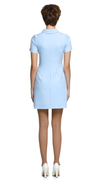 A nod to the swagger of Britain in the nineties. A playful and cool retro sporty-inspired silhouette with a classic shirting collar, front pleat, and retro zipper pull front closure. Striking contrast stripes for immediate retro charm. Worn down with your favorite kicks and a cardigan or dressed to kill with heels. A style that’s as fitting for a music festival as it is for your bestie’s big do. 
Available in the shown baby blue or alternative color combinations. Please inquire