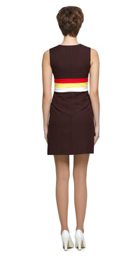 A nod to the swagger of Britain in the nineties. A playful and cool retro sporty-inspired sixties silhouette with a sleeveless design, a front pleat and retro circle zipper pull front closure. Colour band details around the waist add an extra pop of charm. Worn down with your favorite kicks and a cardigan or dressed to kill with heels. A style that’s as fitting for a music festival as it is for your bestie’s big do. Available as shown here in classic brown with red, yellow, and white striping, or in alterna