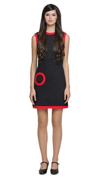 Add a casual yet striking touch to your wardrobe with this sixties, mod style sleeveless dress, tailored for all seasons, whether for work or play. Featuring imaginative coordinated detailing with its rounded contrasting neckline, and sleeves, as well as a distinctive offset singular circle pocket, a detachable high waist belt and thin red hem finishing. 
Effortlessly wearable, the dress is shown here in a sleeveless design, though it can be customized with alternative sleeve lengths with striking red cuff