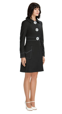 Discover timeless elegance in our fitted black mod sixties style coat, featuring a classic collar and exquisite contrasting heavy topstitch detailing. This coat offers deep pockets and oversized white flower button snap closures for an indisputably charming look.