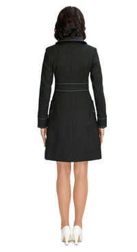 Discover timeless elegance in our fitted black mod sixties style coat, featuring a classic collar and exquisite contrasting heavy topstitch detailing. This coat offers deep pockets and oversized white flower button snap closures for an indisputably charming look.