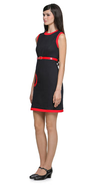 Add a casual yet striking touch to your wardrobe with this sixties, mod style sleeveless dress, tailored for all seasons, whether for work or play. Featuring imaginative coordinated detailing with its rounded contrasting neckline, and sleeves, as well as a distinctive offset singular circle pocket, a detachable high waist belt and thin red hem finishing. 
Effortlessly wearable, the dress is shown here in a sleeveless design, though it can be customized with alternative sleeve lengths with striking red cuff