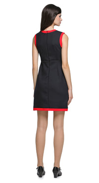 Add a casual yet striking touch to your wardrobe with this sixties, mod style sleeveless dress, tailored for all seasons, whether for work or play. Featuring imaginative coordinated detailing with its rounded contrasting neckline, and sleeves, as well as a distinctive offset singular circle pocket, a detachable high waist belt and thin red hem finishing. 
Effortlessly wearable, the dress is shown here in a sleeveless design, though it can be customized with alternative sleeve lengths with striking red cuff