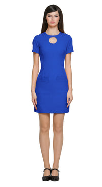 Achieve a confidence-boosting look with this versatile space age style, red fitted dress, designed to flatter all shapes and suit any season or purpose. Featuring imaginative top-stitch detailing, it showcases carpenter-style pockets. A unique circular cut-out design complements the rounded neckline, adding a modern focal point. 
The dress features a rear invisible zipper for a sleek fit and is shown here with short sleeves, though it’s available in mid to long sleeve options and customizable hem lengths.