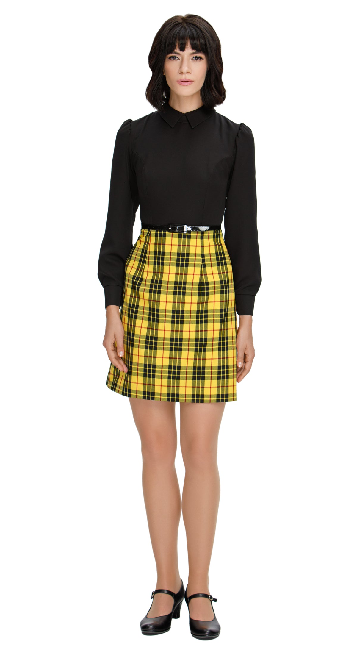 Discover elegance and style in our 70s style, Fitted Autumn/Winter Dress, featuring a plaid skirt paired with a sleek black torso. This dress boasts slightly puffed sleeves, a classic shirt collar, and a thin removable belt for added flair. Elevate your cold-weather wardrobe with this versatile and sophisticated dress, perfect for special occasions or seasonal fashion statements.