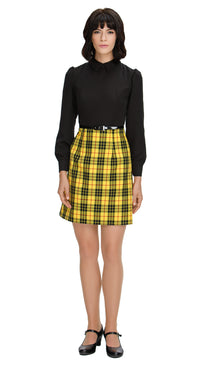 Discover elegance and style in our 70s style, Fitted Autumn/Winter Dress, featuring a plaid skirt paired with a sleek black torso. This dress boasts slightly puffed sleeves, a classic shirt collar, and a thin removable belt for added flair. Elevate your cold-weather wardrobe with this versatile and sophisticated dress, perfect for special occasions or seasonal fashion statements.