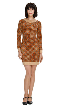 Indulge in seventies nostalgia with our Fitted Jersey Retro Style Autumn Dress, showcasing a rich autumn color, distinctive print, and striking beige accents. This dress features full sleeves for extra warmth and a classic round collar with a offering an authentic vintage vibe. Comfortable and effortlessly chic, it's your go-to choice for a smooth shift from daytime to a captivating evening look in the autumn season.