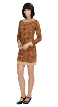 Indulge in seventies nostalgia with our Fitted Jersey Retro Style Autumn Dress, showcasing a rich autumn color, distinctive print, and striking beige accents. This dress features full sleeves for extra warmth and a classic round collar with a offering an authentic vintage vibe. Comfortable and effortlessly chic, it's your go-to choice for a smooth shift from daytime to a captivating evening look in the autumn season.