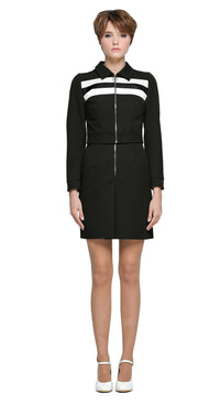 Definitely Maybe. A salute to an era of indisputable cool. A retro-inspired sporty look tweaked for today. A cropped jacket with a ring zipper pull and classic collar. Shown here in black/white; it’s made to be worn on its own or paired our 90s Britpop Inspired Black/White Dress with Waistline Stripes from this collection to elevate casual to high fashion.