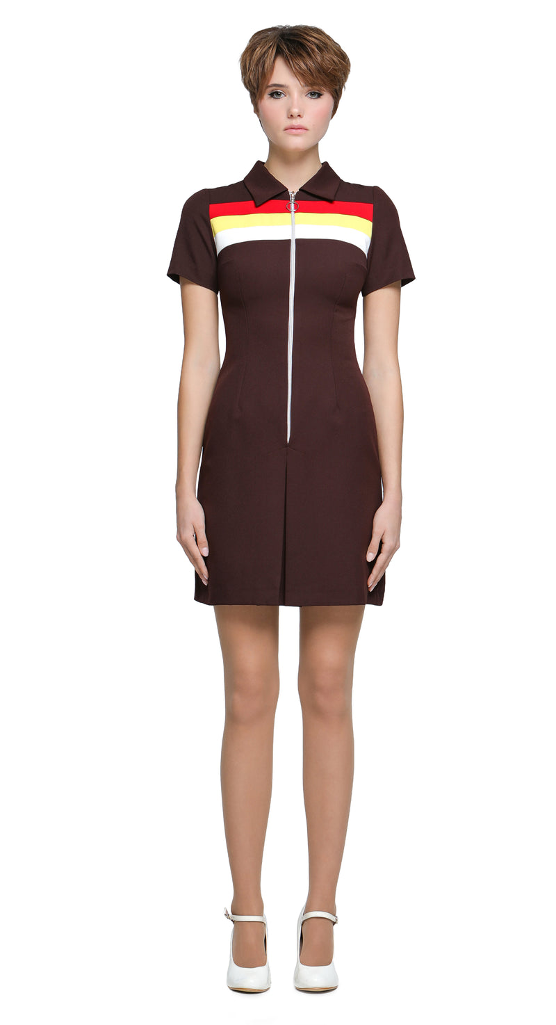 MARMALADE 90s Britpop Inspired Brown/Red/Yellow/White Dress with Front Pleat MARMALADE 90s Britpop Inspired Brown/Red/Yellow/White Dress with Front Pleat