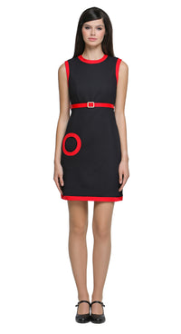 Add a casual yet striking touch to your wardrobe with this sixties, mod style sleeveless dress, tailored for all seasons, whether for work or play. Featuring imaginative coordinated detailing with its rounded contrasting neckline, and sleeves, as well as a distinctive offset singular circle pocket, a detachable high waist belt and thin red hem finishing. 
Effortlessly wearable, the dress is shown here in a sleeveless design, though it can be customized with alternative sleeve lengths with striking red