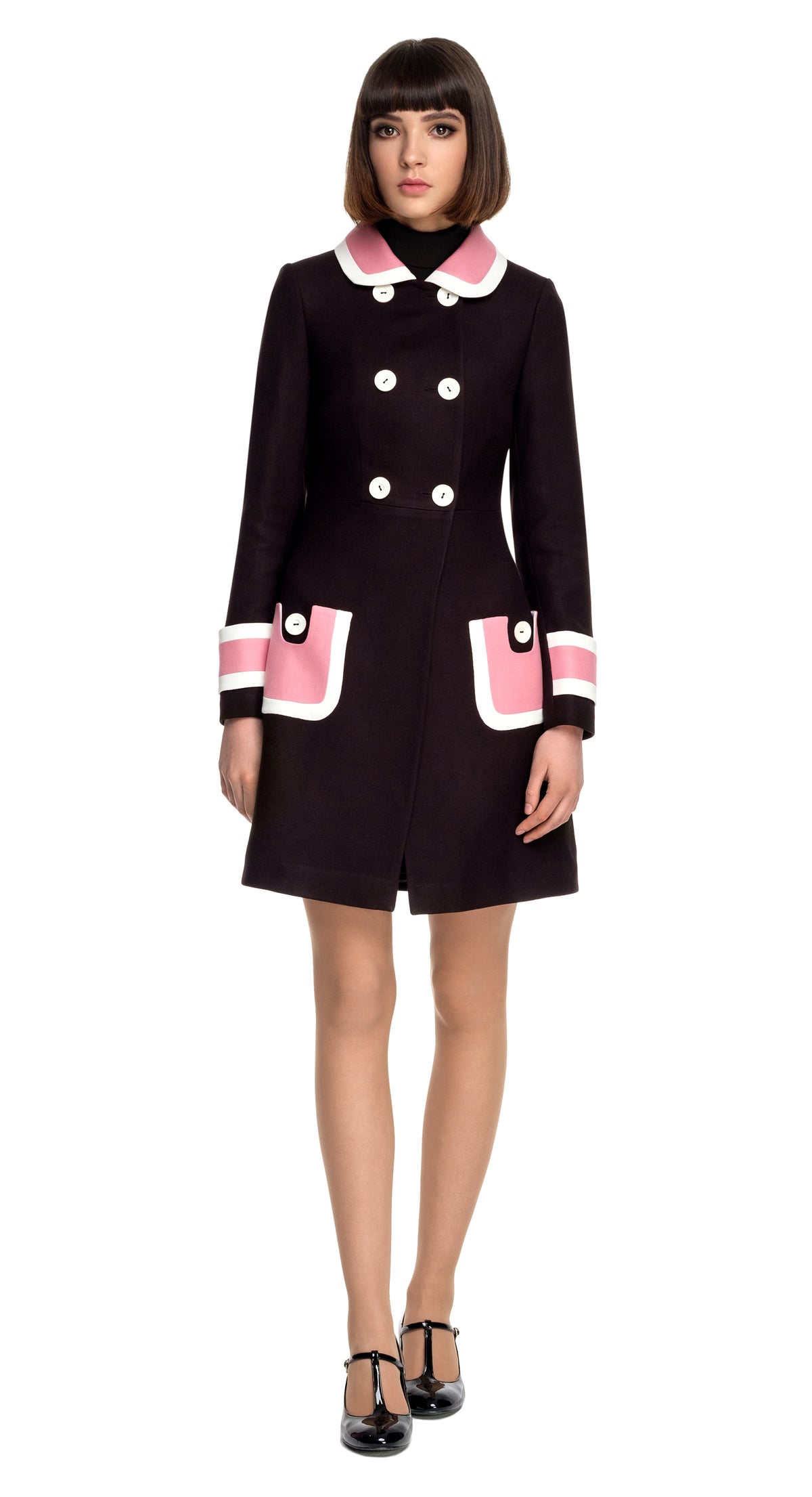 Retro Style Black Coat with Pink/Cream Trim