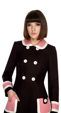 Retro Style Black Coat with Pink/Cream Trim