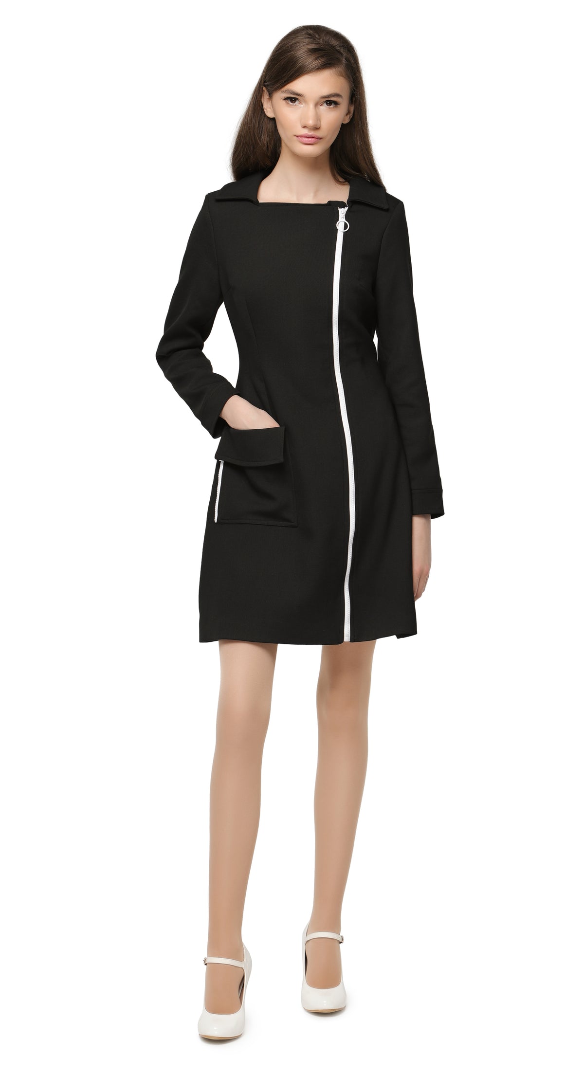 Fitted sixties A-line fair weather spring coat with creative square neckline and off centered retro sport loop zipper detailing on the front and side pocket. A high fashion statement piece with a classic form and creatively placed detailing. Produced from heritage Italian mill, medium weight fabrics.  Also available in navy blue.  Pairs perfectly as intended with our Retro Black Dress with White Zippers from the same collection to complete the look.
