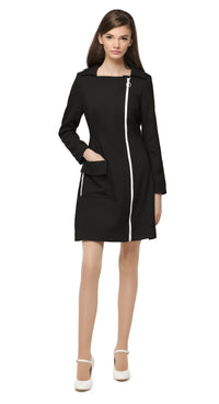 Fitted sixties A-line fair weather spring coat with creative square neckline and off centered retro sport loop zipper detailing on the front and side pocket. A high fashion statement piece with a classic form and creatively placed detailing. Produced from heritage Italian mill, medium weight fabrics.  Also available in navy blue.  Pairs perfectly as intended with our Retro Black Dress with White Zippers from the same collection to complete the look.