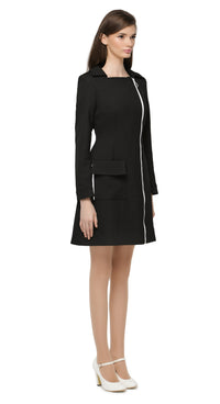 Fitted sixties A-line fair weather spring coat with creative square neckline and off centered retro sport loop zipper detailing on the front and side pocket. A high fashion statement piece with a classic form and creatively placed detailing. Produced from heritage Italian mill, medium weight fabrics.  Also available in navy blue.  Pairs perfectly as intended with our Retro Black Dress with White Zippers from the same collection to complete the look.