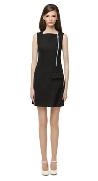 Fitted retro dress with creative square neckline and off centered retro loop zipper detailing on the front and side pocket. A high fashion statement piece with a classic form and creatively placed detailing.  Also available in navy blue.  Pairs perfectly as intended with our Retro Black Coat with White Zippers from the same collec