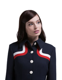 Another immediately sixties mod Autumn coat that allows for the timeless tri-colour of navy blue, red and light cream to produce a dramatic silhouette. A straight cut featuring a classic collar, fully lined Italian mill fabric, with functioning side pockets, animated white button front closure and a cool retro striped neckline.  An entrance maker over plain dresses within the tricolour colour range or paired perfectly with matching dress to complete this high fashion very wearable set.