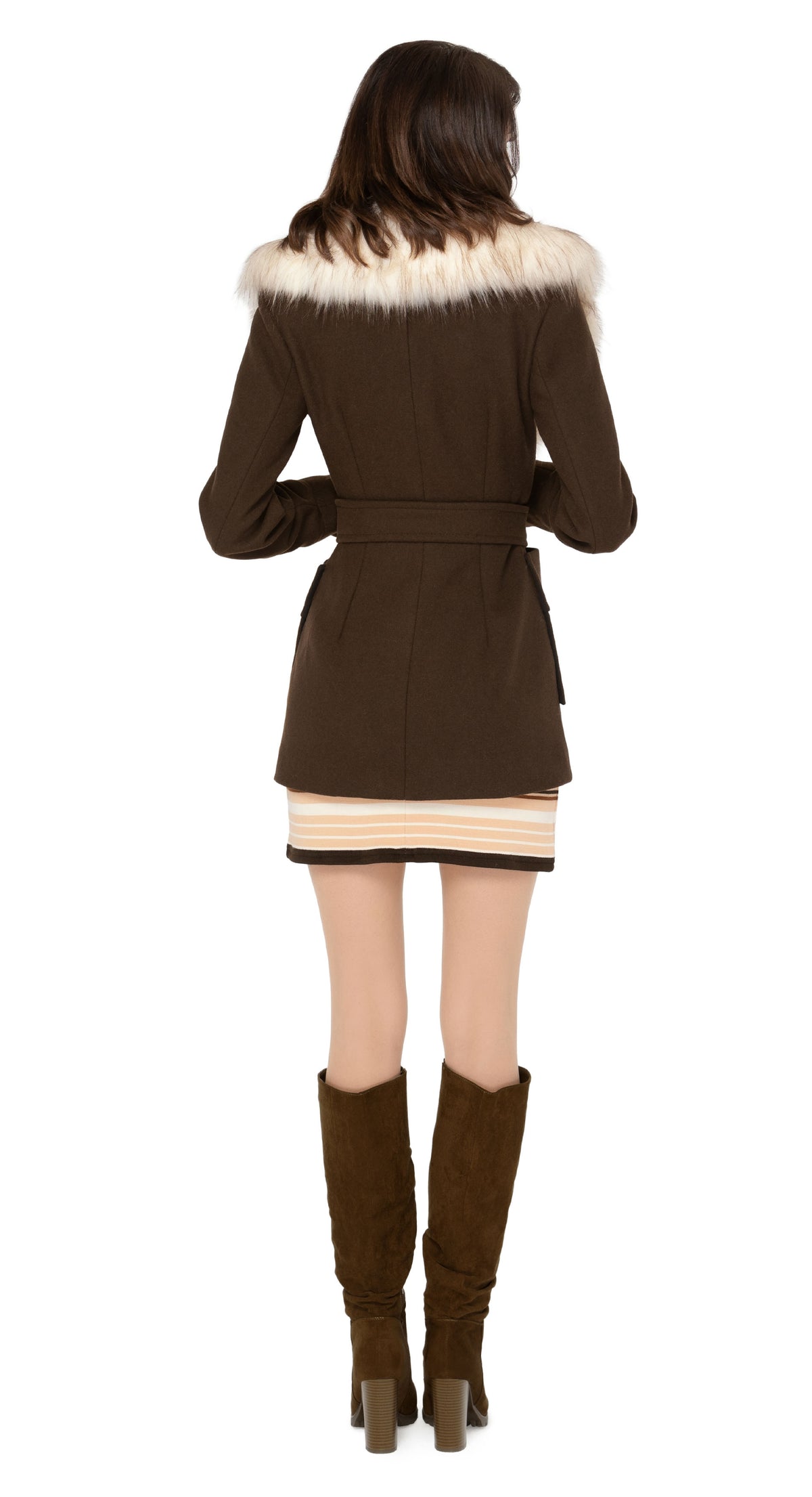 Immediately striking seventies winter jacket with indistinguishable from the real thing cruelty free cream oversized faux fur collar, top stitched deep essentials front pockets and belt closure.   Cozy, comfy and cool.  Pairs well with our 1970s Style Jersey Dress to complete the look.  Unsure of your size? Use our chat feature.