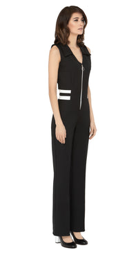 Introducing our spring 1970s style jumpsuit; an easily adaptable from work to play style, featuring waist level stripe detailing. This Italian stretch fabric is very comfortable with an aesthetic that can be worn casually or as a revised approach to what is a professional style for the warmer months.
