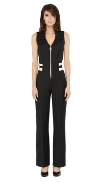 Introducing our spring 1970s style jumpsuit; an easily adaptable from work to play style, featuring waist level stripe detailing. This Italian stretch fabric is very comfortable with an aesthetic that can be worn casually or as a revised approach to what is a professional style for the warmer months.