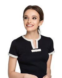 Sixties staple; fitted black/light cream Italian jersey dress with contrasting light cream trim and small neckline bow. Jersey provides stretch. Elegant with casual comfort.  An work or play wardrobe go-to. Choose bespoke to alternate sleeve length or to choose alternative colour jersey.