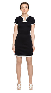 Sixties staple; fitted black/light cream Italian jersey dress with contrasting light cream trim and small neckline bow. Jersey provides stretch. Elegant with casual comfort.  An work or play wardrobe go-to. Choose bespoke to alternate sleeve length or to choose alternative colour jersey.