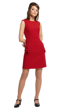 mmediately sixties, immediately striking red Italian mill, all occasion dress with dramatic, functioning, mod circle pockets and black closure detailing. A sleeveless cut with circular neckline and buttoned shoulder tabs.  Pairs perfectly with the red circle pocket coat.  Choose bespoke to alternate colour or to add desired length sleeves.