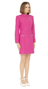 Our bold fitted fuchsia jacket is a statement piece that announces arrival. The stunningly tailored aesthetic of this jacket is immediately visible within the collar design and retro offset looped front zipper closure. Our seasoned pattern makers have outdone themselves with this superb example of a modern, cool aesthetic.