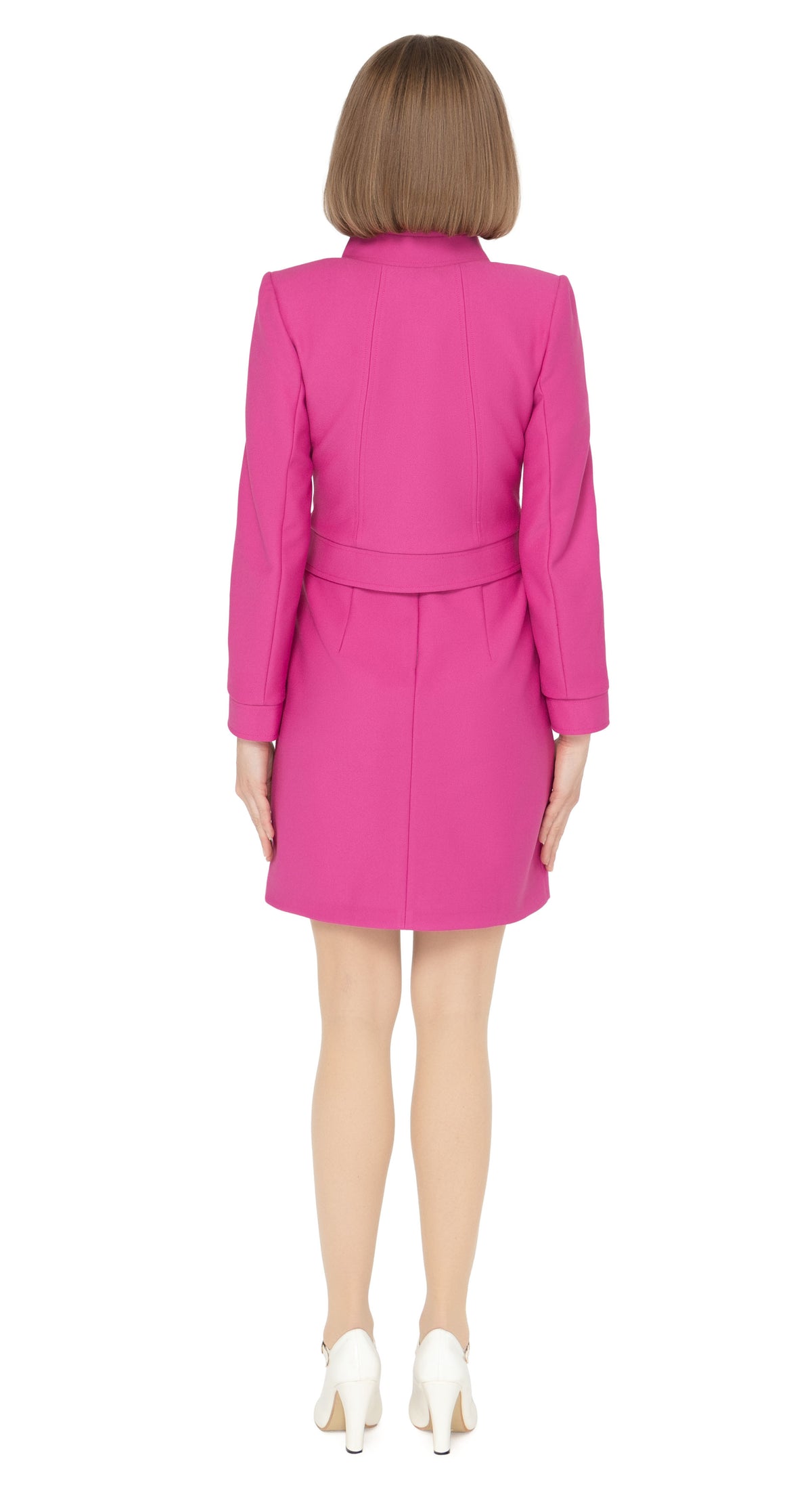 Our bold fitted fuchsia jacket is a statement piece that announces arrival. The stunningly tailored aesthetic of this jacket is immediately visible within the collar design and retro offset looped front zipper closure. Our seasoned pattern makers have outdone themselves with this superb example of a modern, cool aesthetic.