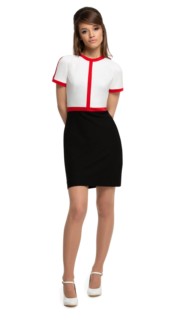 Any occasion, work or play, casual, fitted, vintage inspired medium-weight Italian jersey dress in the timeless tri-colours; black/red/light cream or navy blue/red/light cream. Dressed up by way of heels, or casually down by way of flats or kicks. Generous stretch, high quality Italian mill jersey. A comfortably cool spring look. Choose bespoke for alternative colours or to increase sleeve length.
