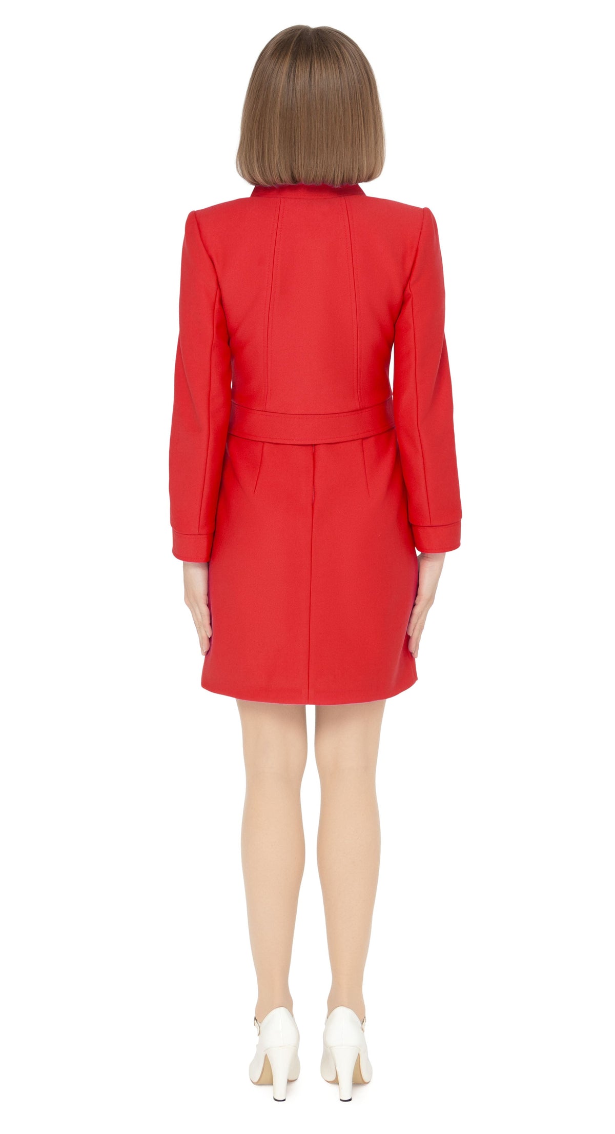 Our bold red jacket is a statement piece that announces arrival. The stunningly tailored aesthetic of this piece is immediately visible within the collar design and retro offset looped front zipper closure. Our seasoned pattern makers have outdone themselves with this superb example of a modern cool aesthetic. This set is made to be worn as an entrance-making ensemble when paired with 60s Style Red Dress with 4 Zippers from our spring collection.