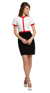 Any occasion, work or play, casual, fitted, vintage inspired medium-weight Italian jersey dress in the timeless tri-colours; black/red/light cream or navy blue/red/light cream. Dressed up by way of heels, or casually down by way of flats or kicks. Generous stretch, high quality Italian mill jersey. A comfortably cool spring look.   Choose bespoke for alternative colours or to increase sleeve length.