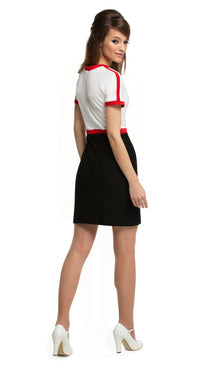 Any occasion, work or play, casual, fitted, vintage inspired medium-weight Italian jersey dress in the timeless tri-colours; black/red/light cream or navy blue/red/light cream. Dressed up by way of heels, or casually down by way of flats or kicks. Generous stretch, high quality Italian mill jersey. A comfortably cool spring look.   Choose bespoke for alternative colours or to increase sleeve length.